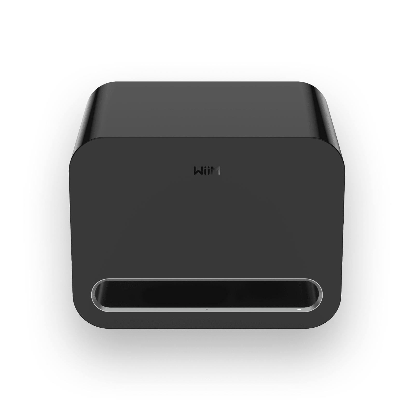 Front view of the black WiiM Sub Pro wireless subwoofer